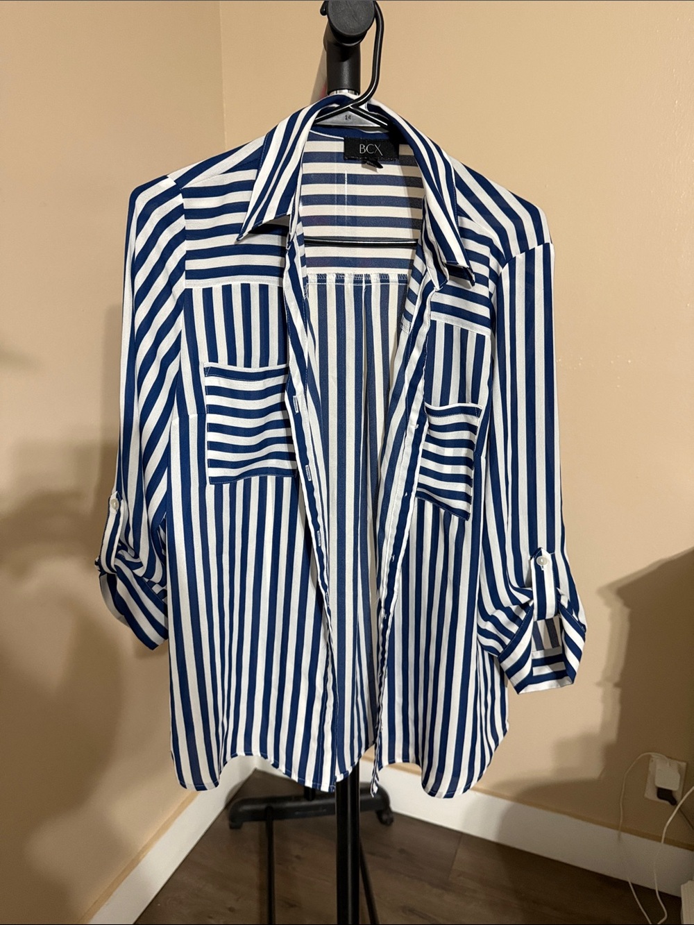BCX Blue and White Vertical Stripe Button-Down Blouse